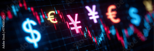 Multi-currency trading interface with glowing dollar, euro, and yen symbols on a minimal backdrop