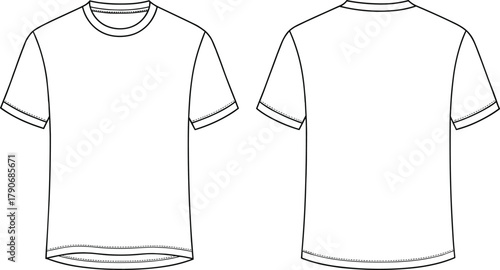CAD drawing flat vector illustration, plain short sleeve t-shirt front back view, fashion garment technical sketch, clothing outline design template