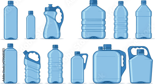 Cad drawing flat vector illustration, plastic water bottles set, drinking container design, hydration storage icon, household jug, sports bottle artwork