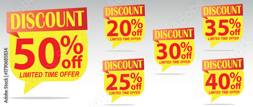 Discount Tags Vector Set, Popup Limited Time Offer Speech Bubble, 50, 20, 35, 30, 25, 40 Off, Red Yellow EPS Element
