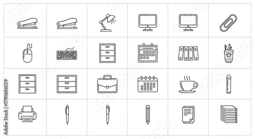 Essential Office Supplies, Equipment, and Stationery Line Icons Collection on White Background.