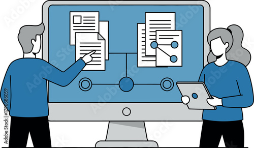 Two professionals collaborating on a dynamic digital workflow strategy, streamlining documents and data flow for increased productivity and efficiency gains