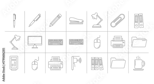 Set of Line Icons for Office Supplies, Stationery, and Desktop Computer Equipment
