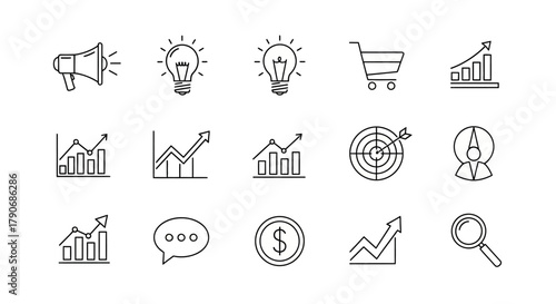 Digital Marketing and Business Strategy Line Icons Set, including Growth, Idea, Target, and Finance symbols.
