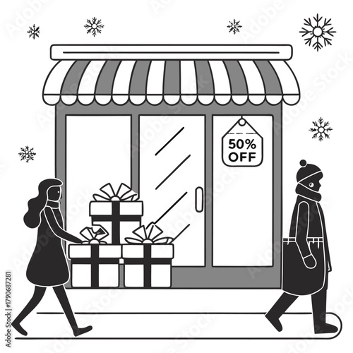 Festive winter sale illustration in black & white: decorated store, “50% OFF” tag, gift boxes and snowflakes—perfect for holiday retail campaigns and e-commerce.