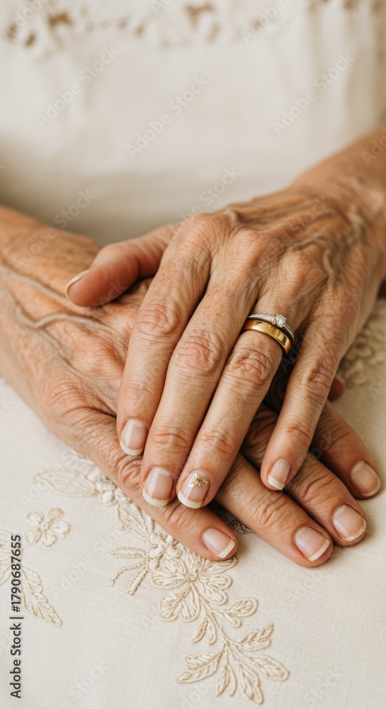 Fototapeta premium Hands connect displaying rings on embroidered fabric