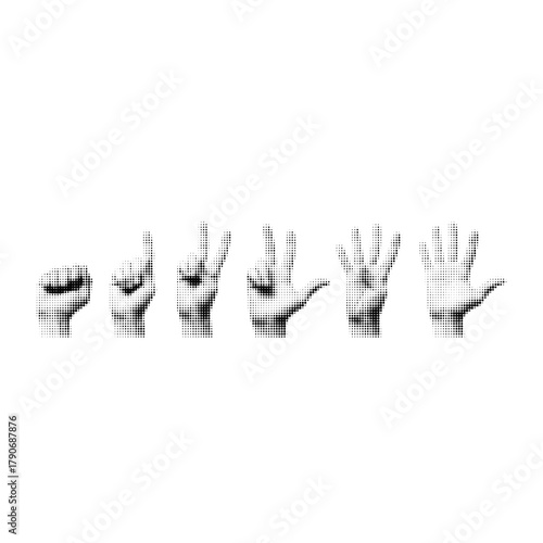 Black and white halftone illustration of hands counting from one to five. Minimalist pop art concept symbolizing communication, education, and creativity.