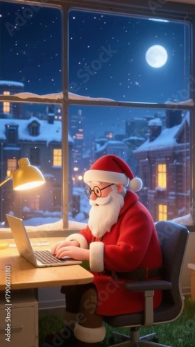 Santa Claus typing on laptop at night by window, snowy city view, cozy Christmas 3D animation
