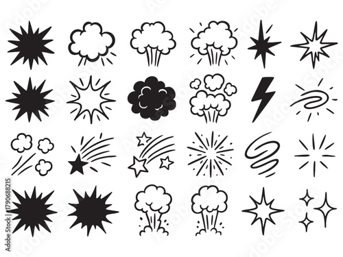 Comic cartoon line explosive effect, speed burst motion element set. 