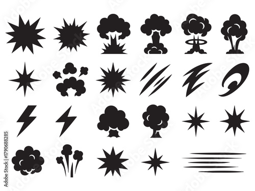 Comic cartoon line explosive effect, speed burst motion element set. 