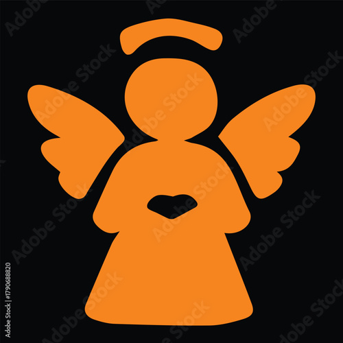 A beautiful orange silhouette of a celestial angel with wings and a halo, holding a heart. This simple vector graphic icon symbolizes love, faith, and spiritual guidance