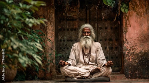 Meditating sadhu in traditional clothing, India, in front of an old wooden door