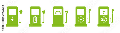 Electric car charging station, fast charger, battery, plug, cable, energy, vehicle, electricity, eco, hybrid, sustainable transport, recharge, clean power, electric mobility, vector icon.