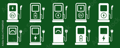 Electric car charger station, hybrid auto battery plug, clean transport technology, power cable, environmental vector illustration