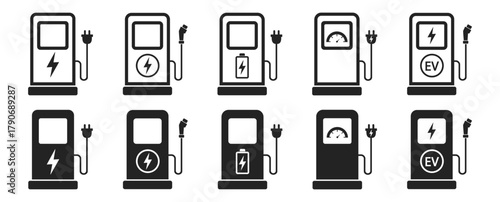 Electric car charging station icon set, eco vehicle energy power plug, battery charger, green transport technology symbol on transparent background.