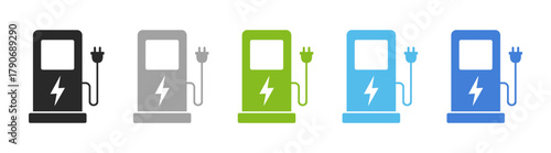 Electric car charging station icons — eco auto energy, plug, charger, hybrid vehicle, clean power, green technology, electricity symbol, modern transport vector on transparent background.