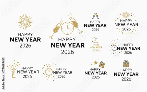 Happy New Year 2026 Lettering Set – Gold Calligraphy Typography Vector Illustration