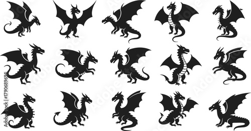 Dragon silhouette collection, fantasy creature vector set, black mythical beast designs, winged reptile illustration, medieval monster art, flying dragon shapes