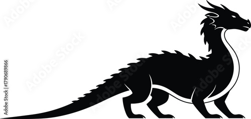 Dragon, silhouette, fantasy, creature, mythical, vector, black, white, horns, tail, spiked, beast, illustration, design, fierce, logo, side, profile, powerful, graphic