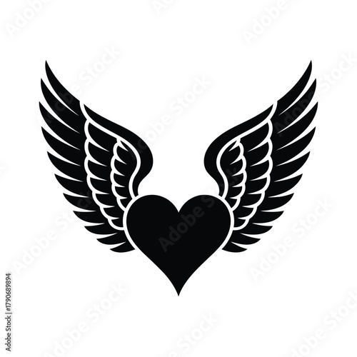 Black silhouette of a heart with spread wings on a white background