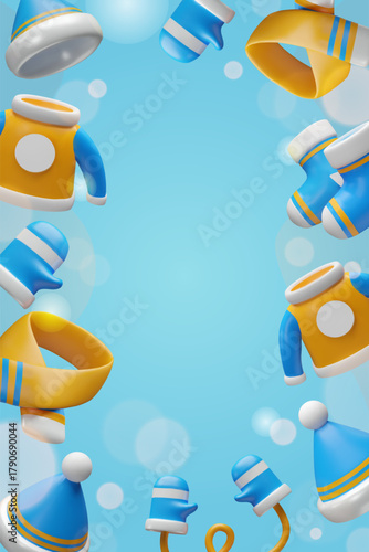 3D render of winter clothing creating a circular frame. Vertical illustration with hats, sweaters, and mittens on a blue background with copy space for text.