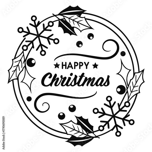 Elegant black & white “Happy Christmas” typography badge with snowflake and holly icons—perfect for holiday social media posts, cards, stickers and branding.