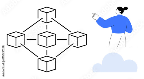 Woman pointing at interconnected cubes representing blockchain structure. Ideal for technology, blockchain, networking, innovation, security, collaboration, digital transformation. Simple flat
