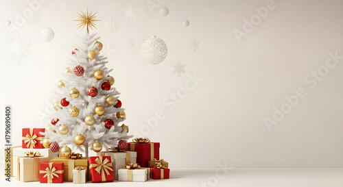 Festive Christmas Scene with Gifts and White Tree