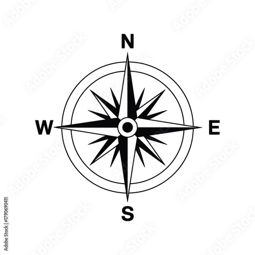 Black and white compass rose showing cardinal directions on a white background