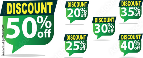Discount Tags Vector Set, Popup Sale Speech Bubble, 50, 20, 35, 30, 25, 40 Off, Green Black EPS Element