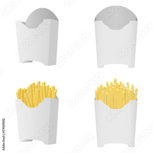 french fries mockup, side view and front view, vector illustration isolated on white background.