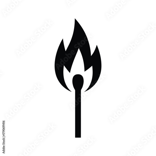 Simple black icon of a burning matchstick with flame