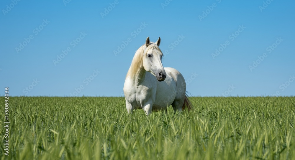 Fototapeta premium White horse stands in green field