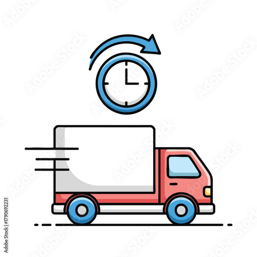 A colorful cartoon icon of a red delivery truck in motion with a blue clock and arrow symbol representing fast shipping and ontime service.