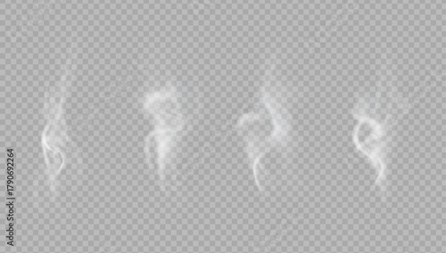 Realistic steam or smoke on hot tea, coffee, food. PNG Stock royalty free.