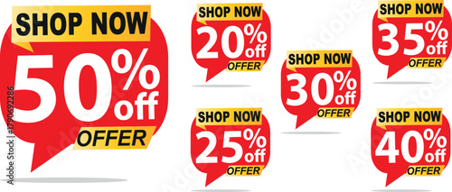 Shop Now Offer Tags Vector Set, Popup Sale Speech Bubble, 50, 20, 35, 30, 25, 40 Off, Red Yellow EPS Element