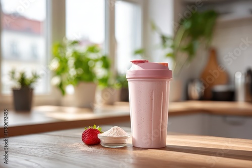 Fresh Strawberry Protein Shake Next to Strawberry and Powder in Kitchen