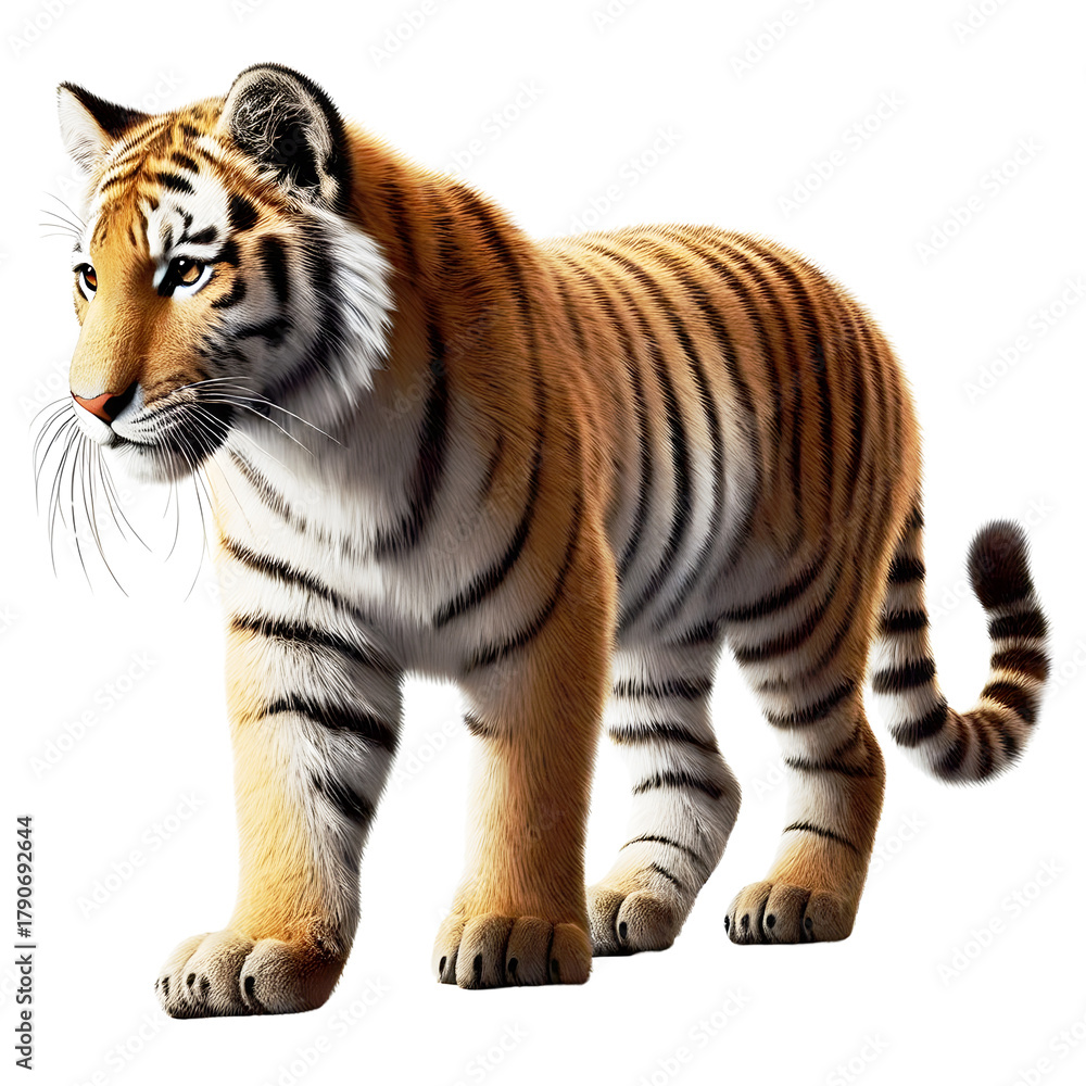 Fototapeta premium Tiger Baby Cub PNG isolated on a Transparent background, Side view, tiger standing full body HD image generated by Ai. 