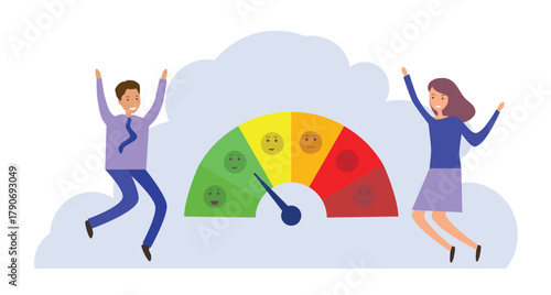 Mood gauge meter toward the green as energy rises. Overcoming stress and anxiety. Stop emotional problems. Customer rating satisfaction, feedback positive review. Positive thinking