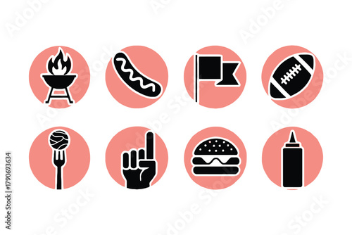 A collection of flat icons related to American football and tailgating activities.