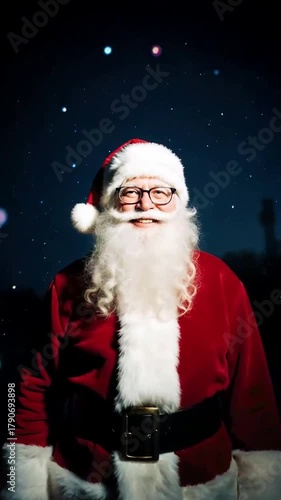 Santa Claus waving hand under night sky with glowing lights, cheerful Christmas holiday scene