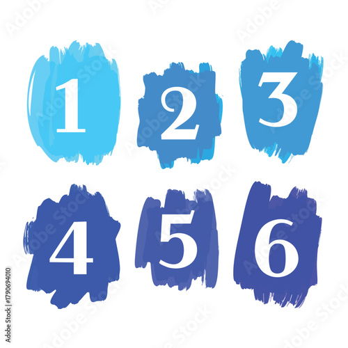 A set of six white numbers on textured blue watercolor brush strokes from one to six with a handpainted artistic style.