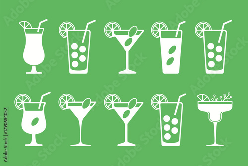 Collection of ten illustrated cocktails with lime and straws on green background.