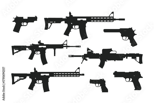 A collection of various firearms, including assault rifles and handguns, are displayed on a white background.
