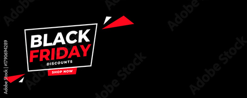 modern minimal black friday discounts vector banner: dark background with red and white typography and triangle accents