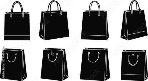 cad drawing flat vector illustration, shopping bags, retail packaging, paper bag design, black outline, fashion store, branding, eco friendly collection