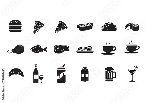 Food and drinks set icons for menu, infographics, design elements – stock vector