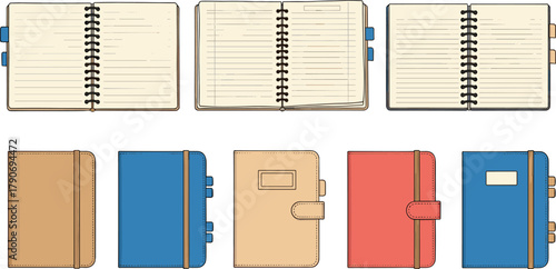 cad drawing flat vector illustration, spiral notebooks, planners journals, office stationery, study supplies, colorful covers, lined pages, writing tools collection