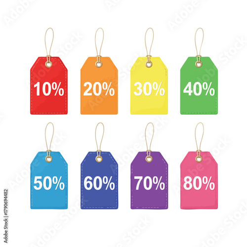 A vibrant set of eight rainbowcolored sale price tags with percentage discounts from 10 to 80.