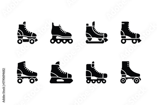 Various types of skates are displayed in rows on a white background.